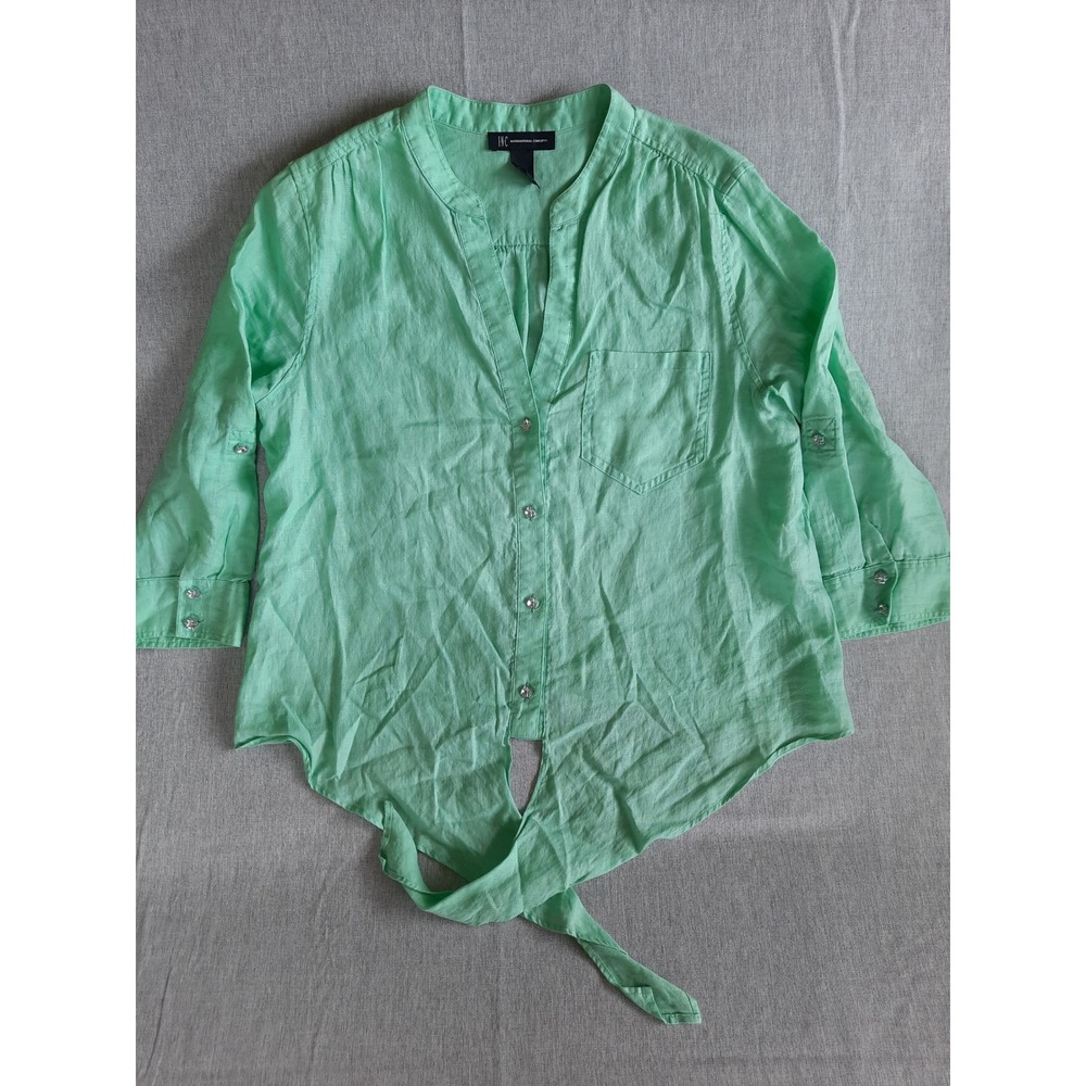 INC International Concepts Women 10 Pocket vNeck Button Shirt Hem Tie 3/4 Sleeve